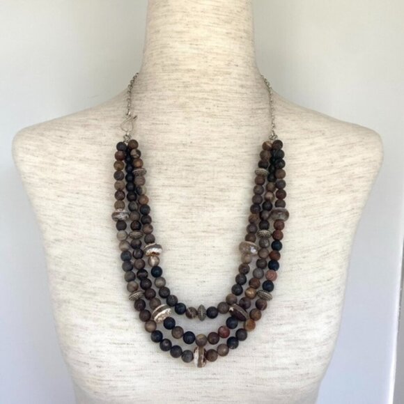 Sterling Silver 925 Tiered Brown Jasper Agate Layered 3 Strand Beaded Necklace - Picture 1 of 16